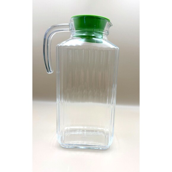 Vtg Arc France Vertical Ribbed Glass Refrigerator Jar Jug Bright Green Lid - Picture 6 of 11